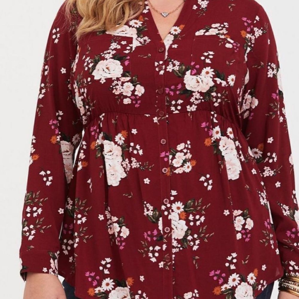 Torrid Emma Red Wine Floral Challis Babydoll Tunic Top Button Down Sz 00
